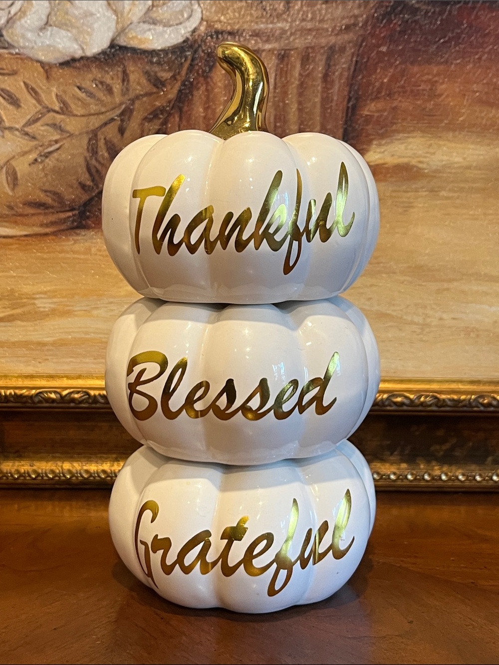 White Ceramic Pumpkins Gold Stems & Writing Thankful/Blessed/Grateful Fall Decor